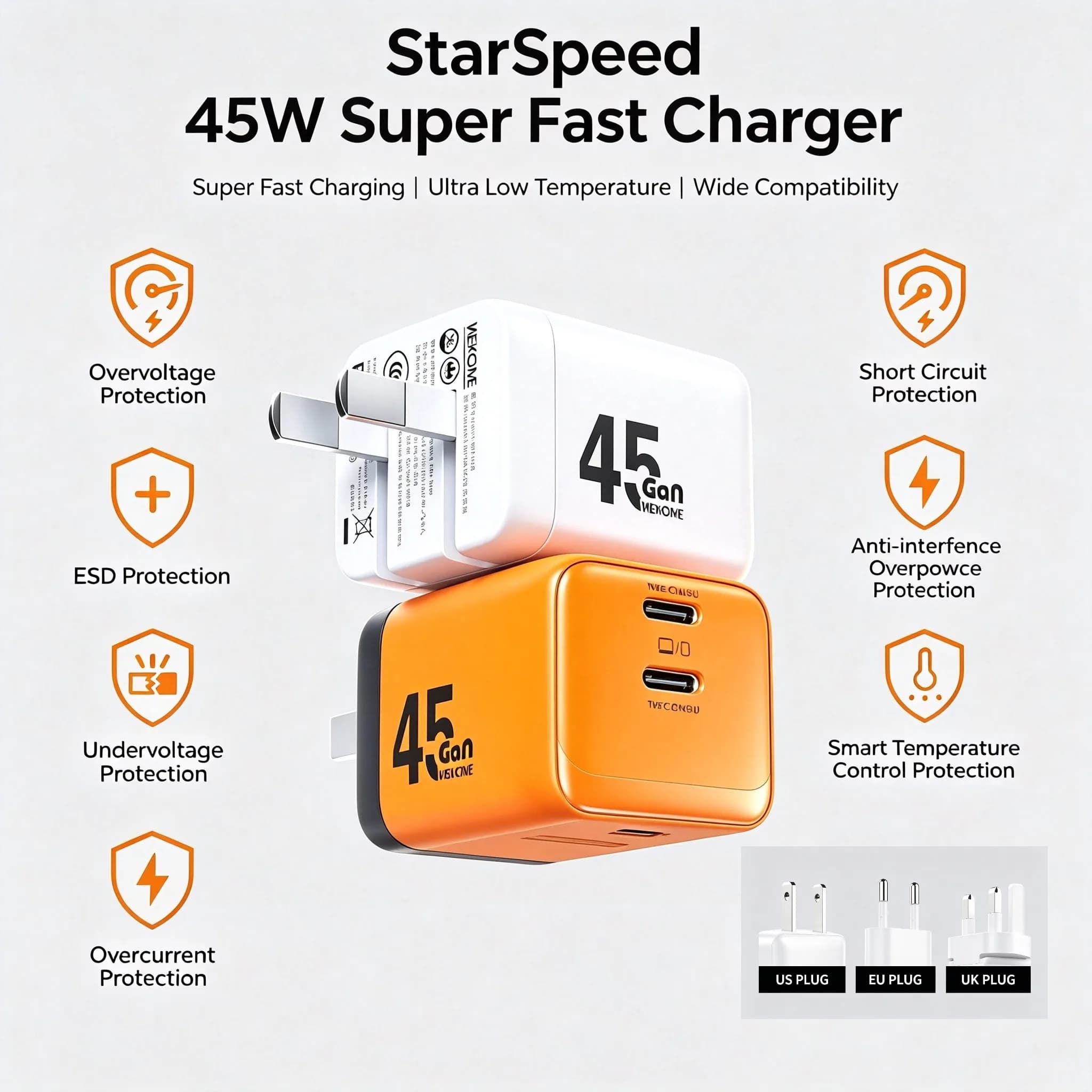 WEKOME 45W GaN зарядний пристрій, 2 порти
